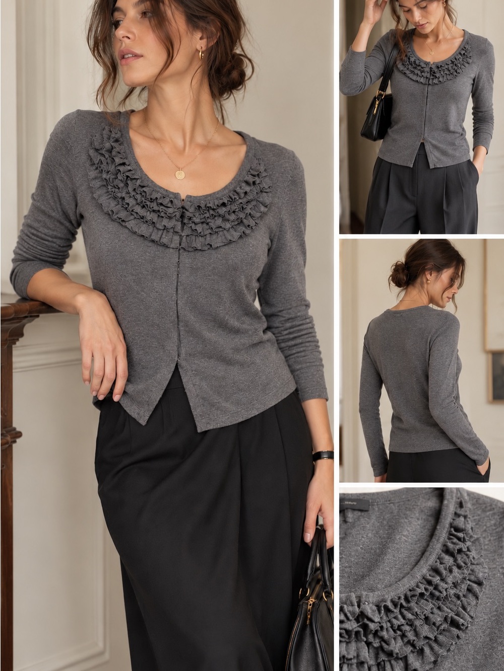 Banana Republic 100% Merino Wool Ruffle Cardigan Gray Size L